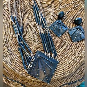 Artisan Leather Fringe & Metal Statement Necklace Set Boho Tribal Earrings